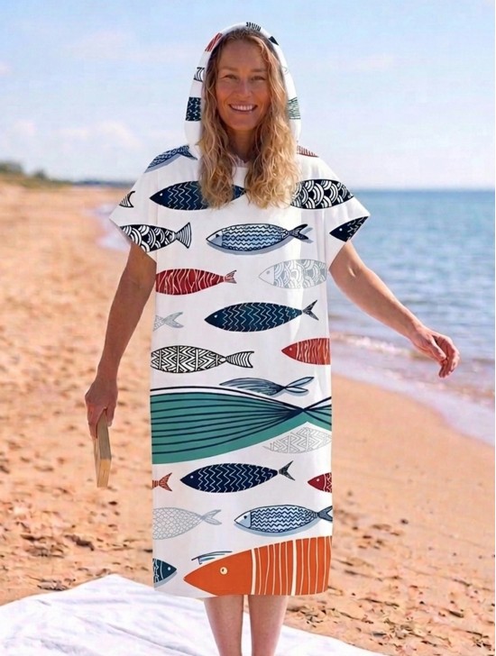 Ladies Fashion Print Beach Towel Robe  W/ Hood